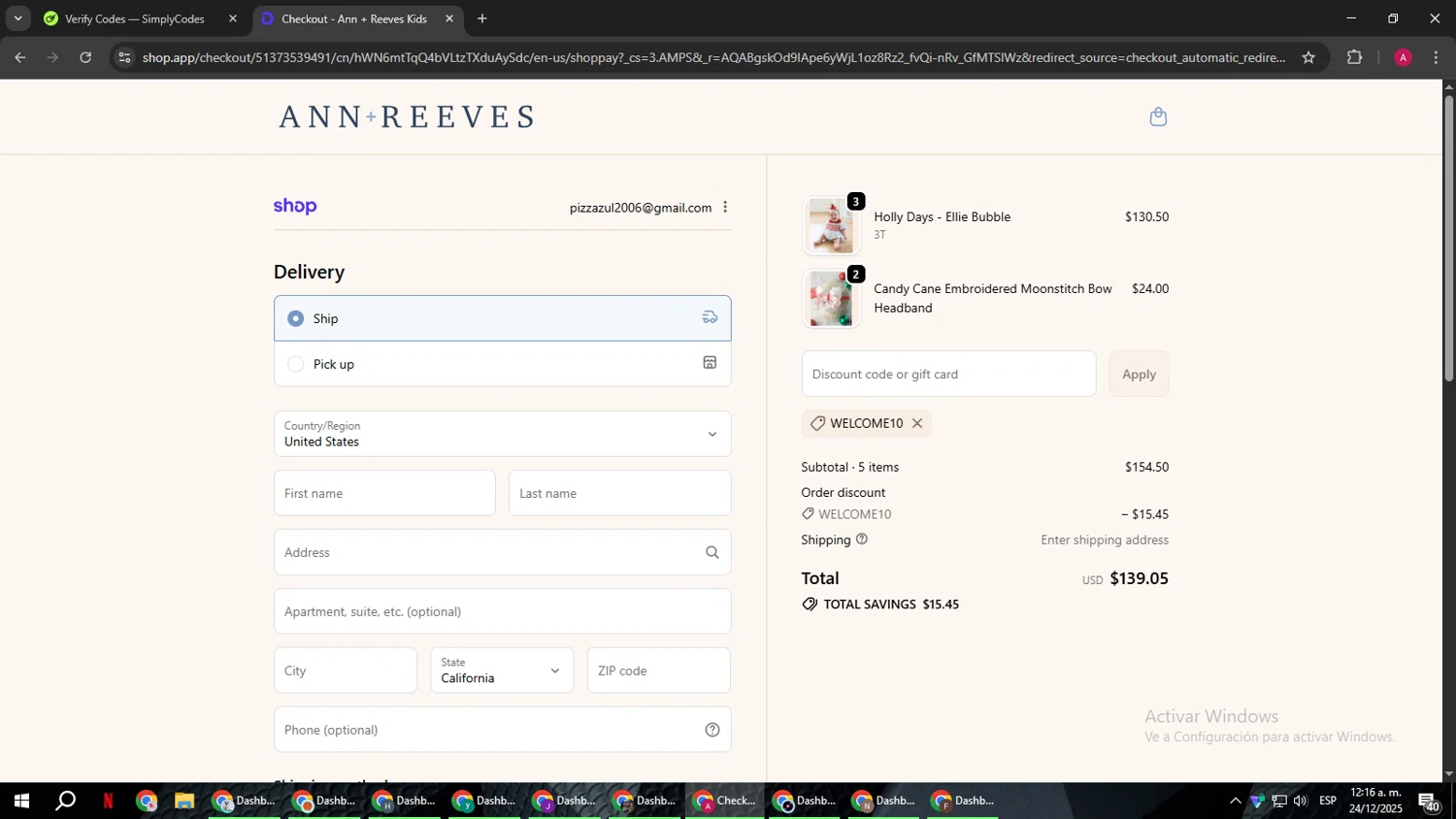 Ann + Reeves Kids promo code screenshot showing code WELCOME10 applied at Ann + Reeves Kids checkout page. Uploaded by SimplyCodes community member BMWGS1200 on Dec 24, 2025