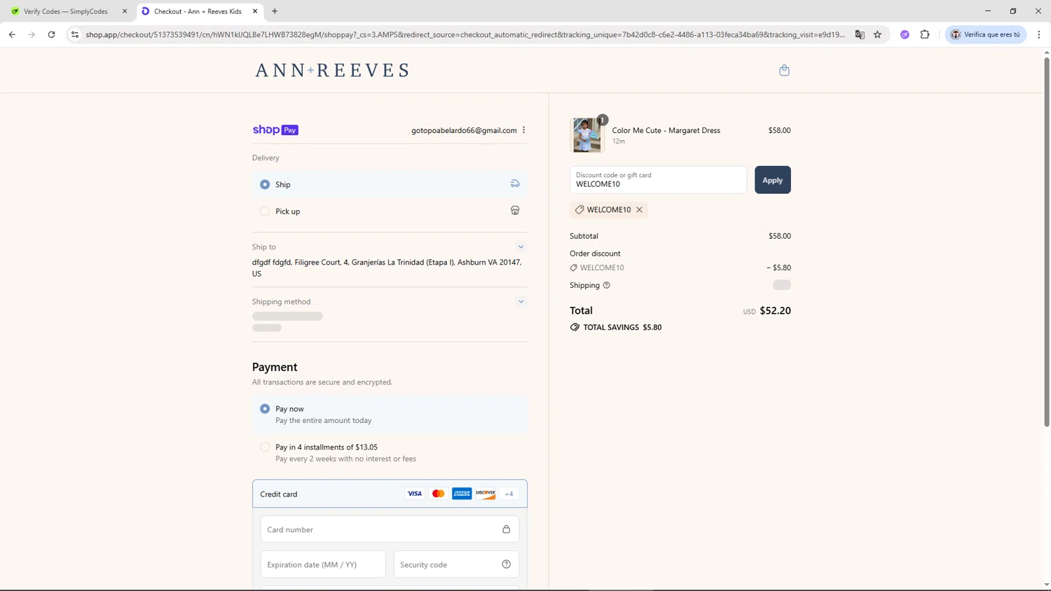 Ann + Reeves Kids promo code screenshot showing code WELCOME10 applied at Ann + Reeves Kids checkout page. Uploaded by SimplyCodes community member Salometta on Aug 13, 2025