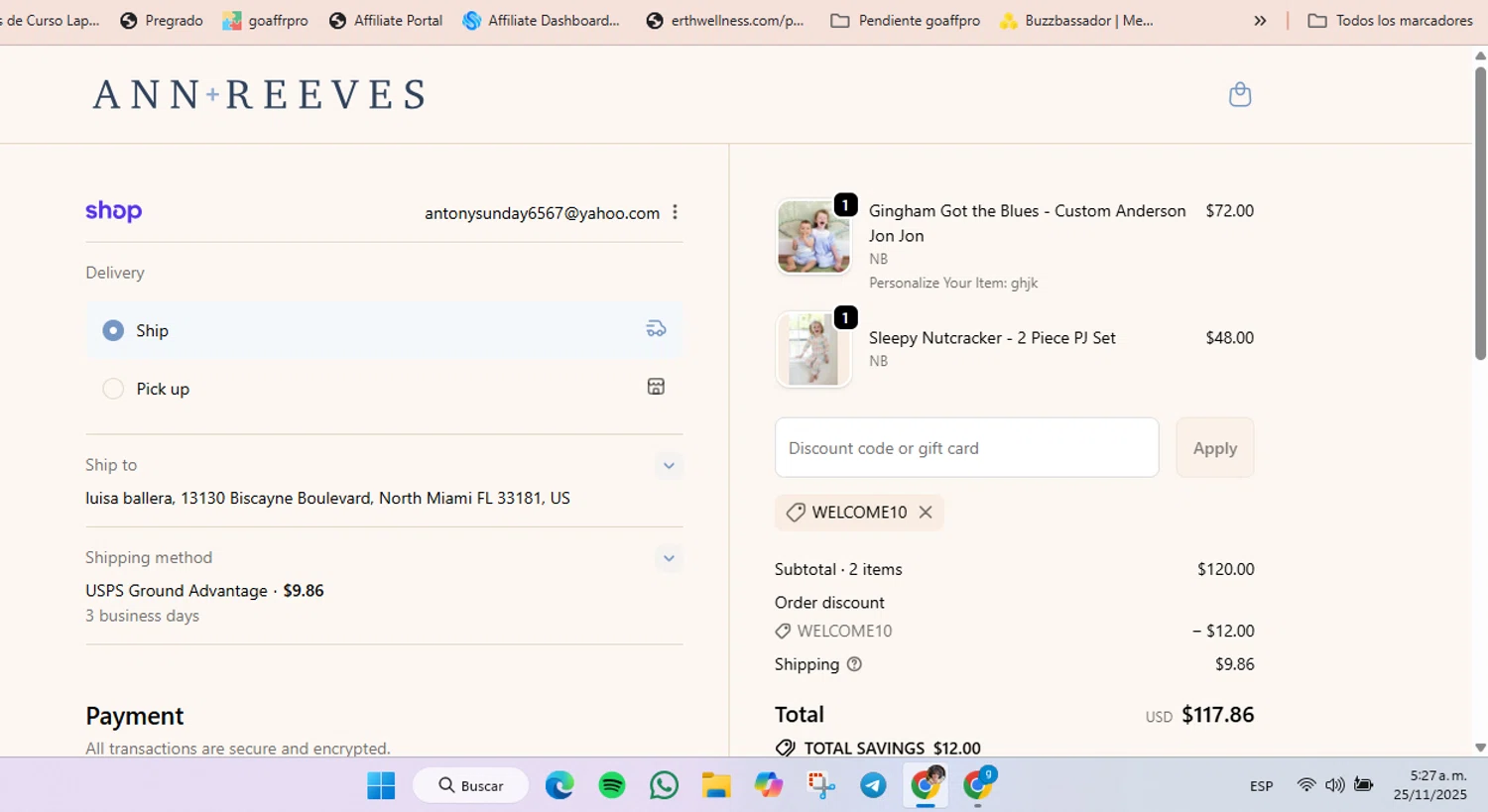 Ann + Reeves Kids promo code screenshot showing code WELCOME10 applied at Ann + Reeves Kids checkout page. Uploaded by SimplyCodes community member luisaballera on Nov 25, 2025