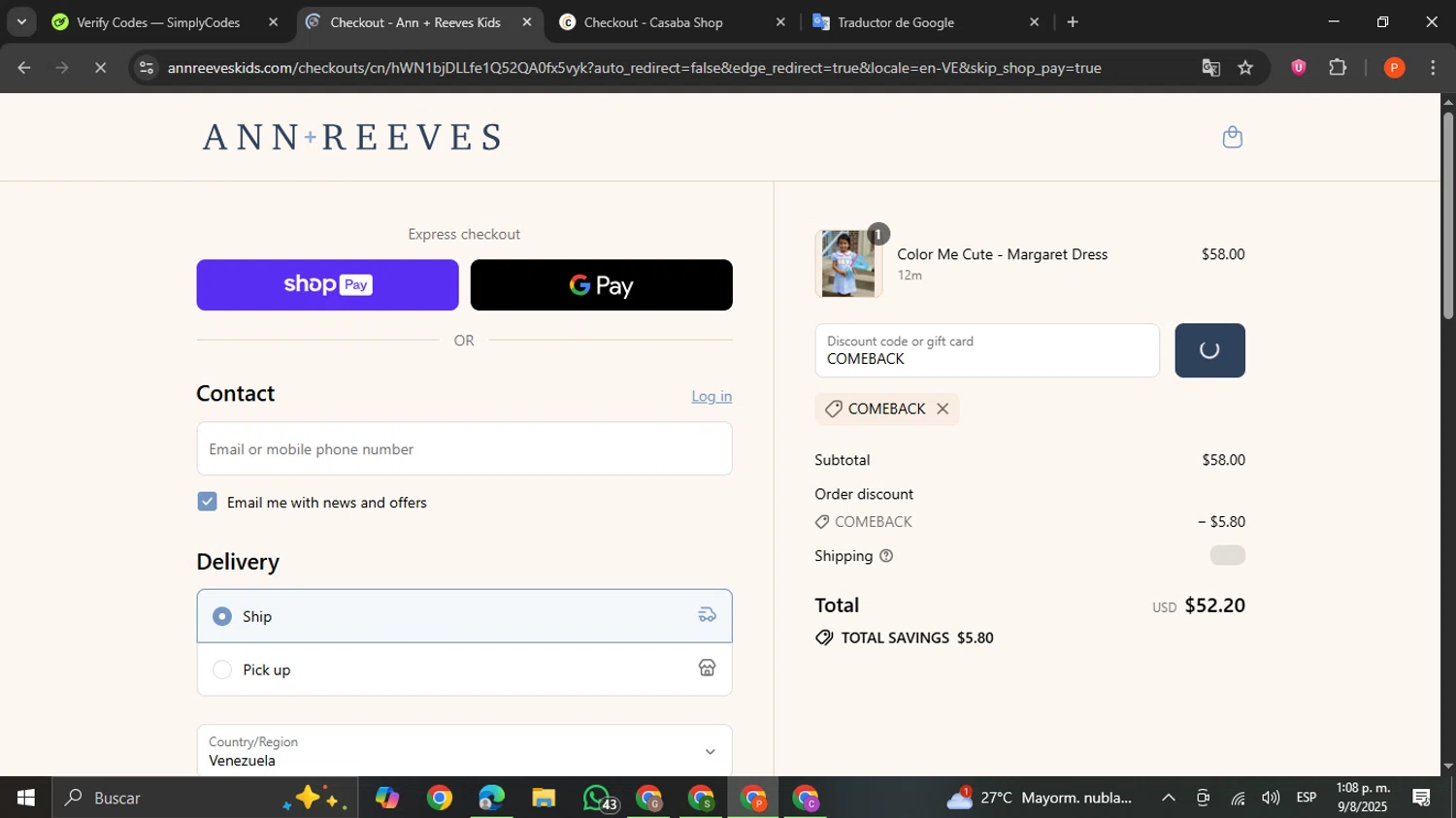 Ann + Reeves Kids promo code screenshot showing code COMEBACK applied at Ann + Reeves Kids checkout page. Uploaded by SimplyCodes community member VictoriousCaptain2658 on Aug 9, 2025