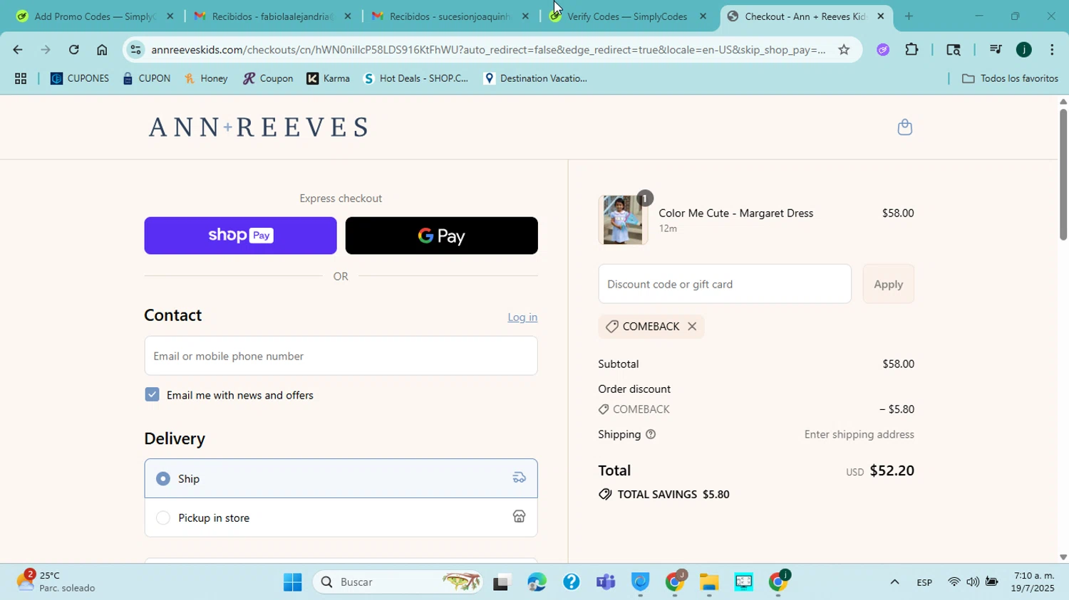 Ann + Reeves Kids promo code screenshot showing code COMEBACK applied at Ann + Reeves Kids checkout page. Uploaded by SimplyCodes community member jorgejavierherrera on Jul 19, 2025