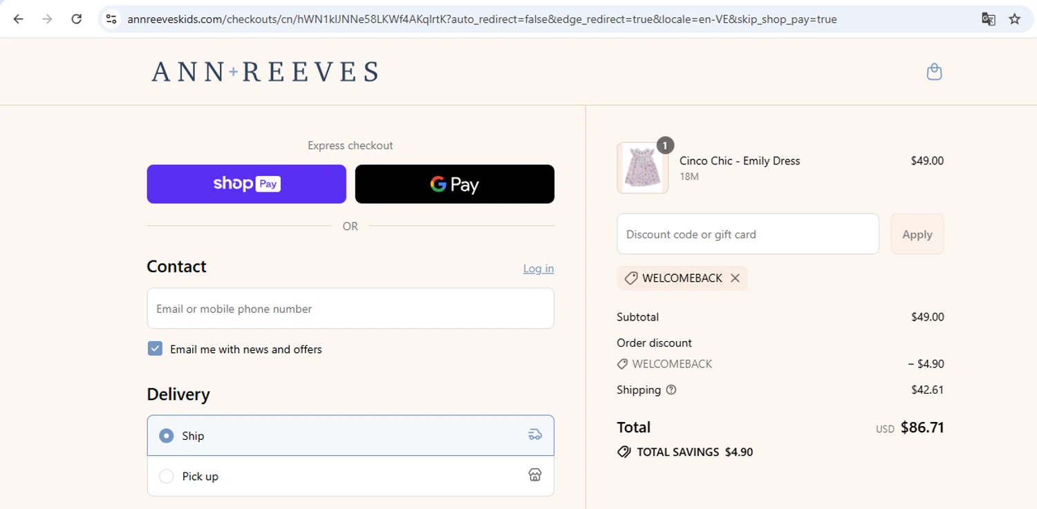 Ann + Reeves Kids promo code screenshot showing code WELCOMEBACK applied at Ann + Reeves Kids checkout page. Uploaded by SimplyCodes community member carol_lameda on Aug 13, 2025