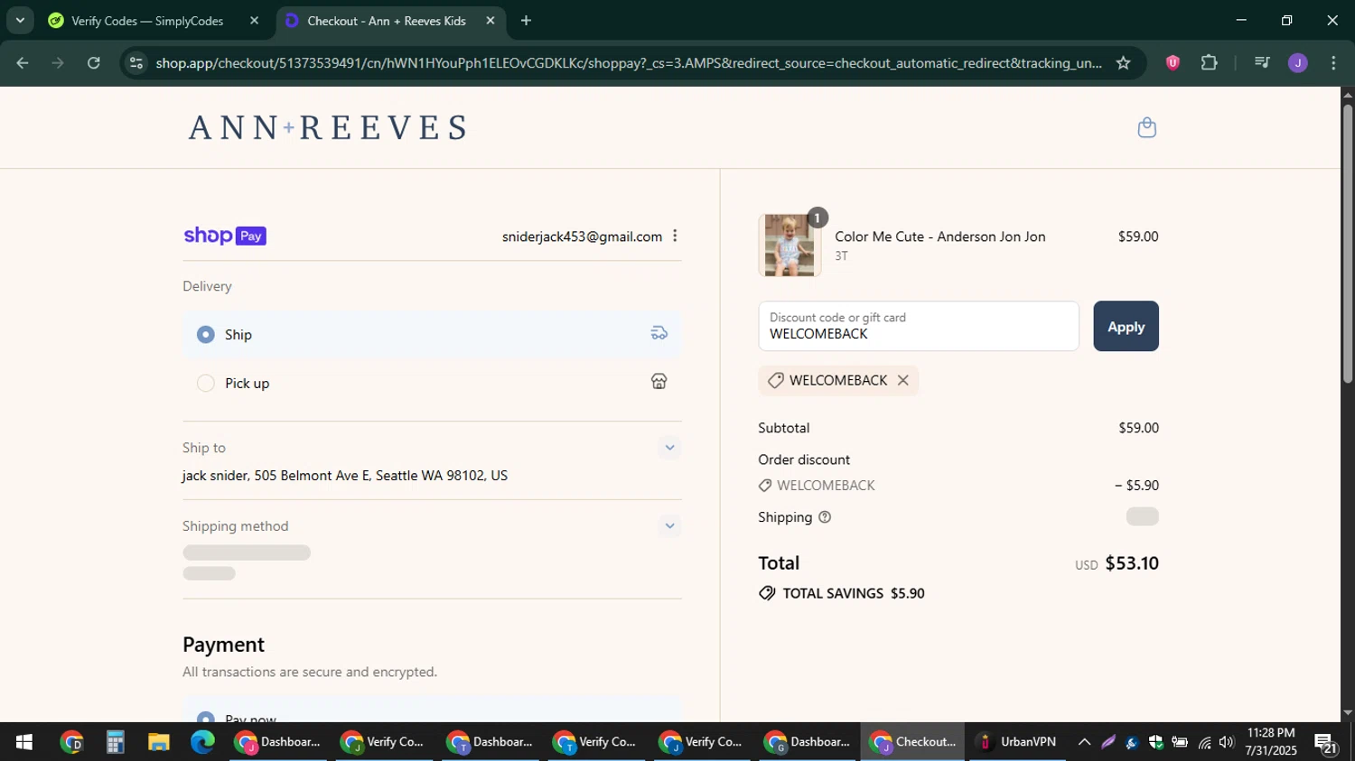 Ann + Reeves Kids promo code screenshot showing code WELCOMEBACK applied at Ann + Reeves Kids checkout page. Uploaded by SimplyCodes community member sniderjack453 on Aug 1, 2025