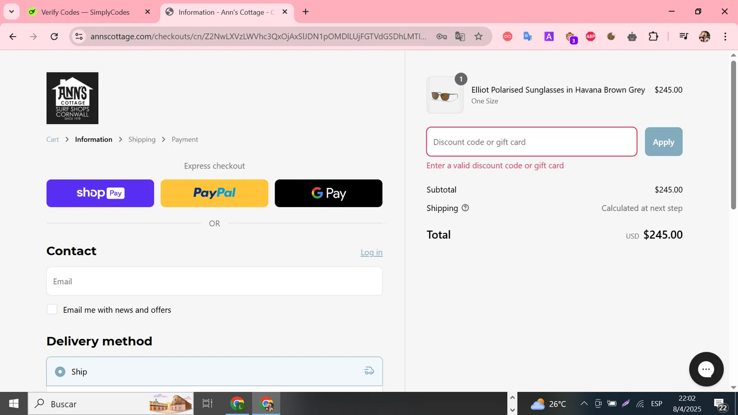 Ann's Cottage discount code screenshot showing code ACTEACHER10 applied at Ann's Cottage checkout page. Uploaded by SimplyCodes community member Susejprimera on Apr 9, 2025