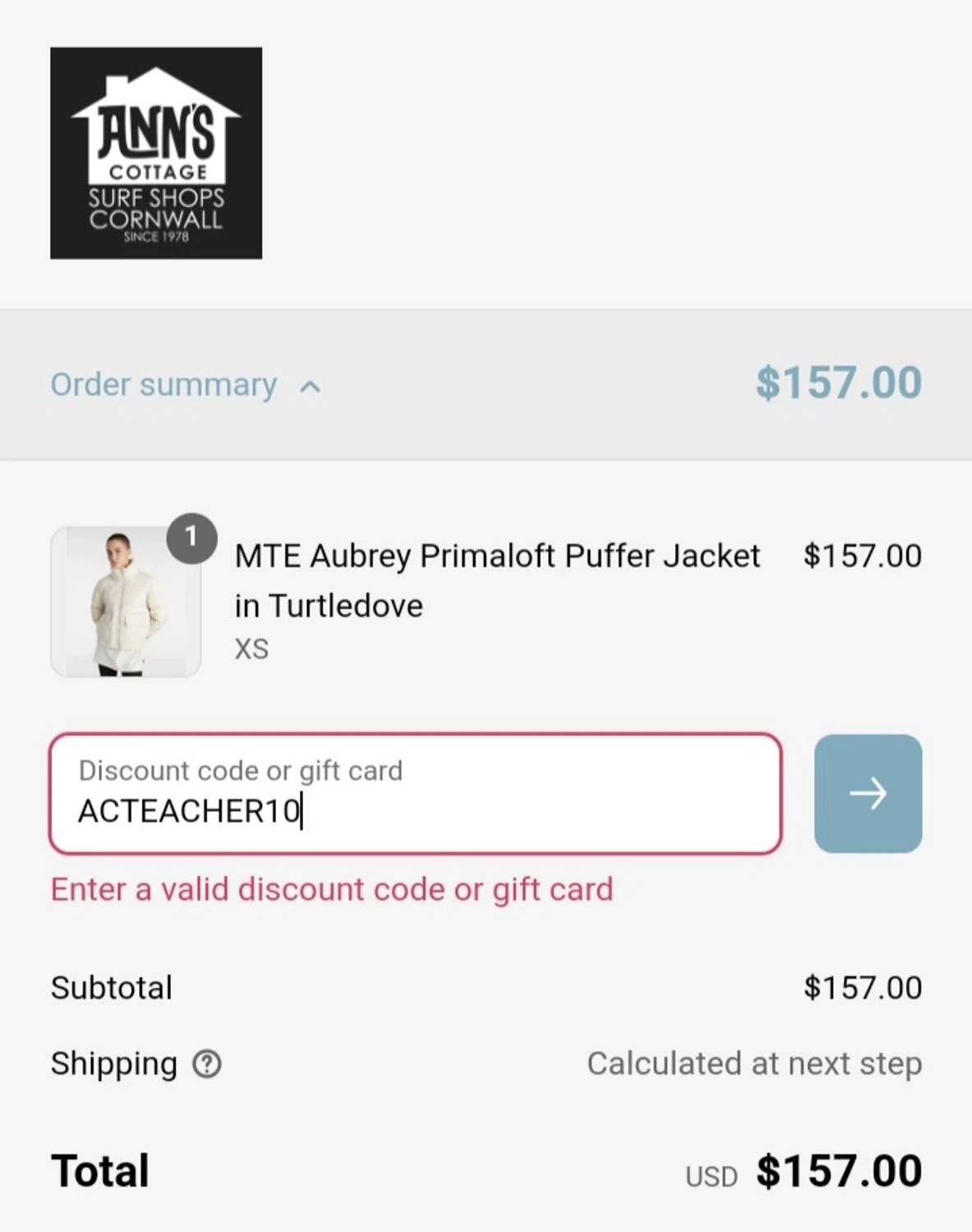 Ann's Cottage discount code screenshot showing code ACTEACHER10 applied at Ann's Cottage checkout page. Uploaded by SimplyCodes community member ValiantCurator3344 on Apr 9, 2025