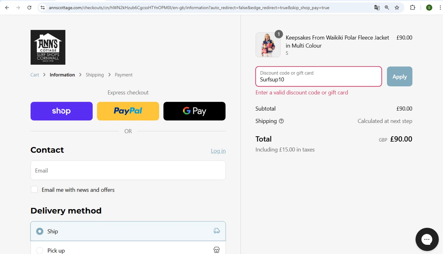 Ann's Cottage discount code screenshot showing code Surfsup10 applied at Ann's Cottage checkout page. Uploaded by SimplyCodes community member CodeTiger886 on Sep 8, 2025