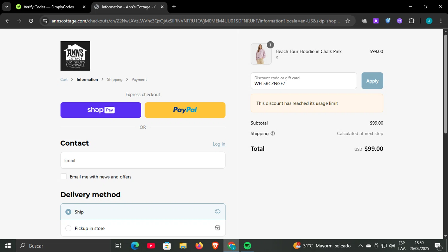 Ann's Cottage discount code screenshot showing code WEL5RCZNGF7 applied at Ann's Cottage checkout page. Uploaded by SimplyCodes community member WonderCaptain6926 on Jun 26, 2025