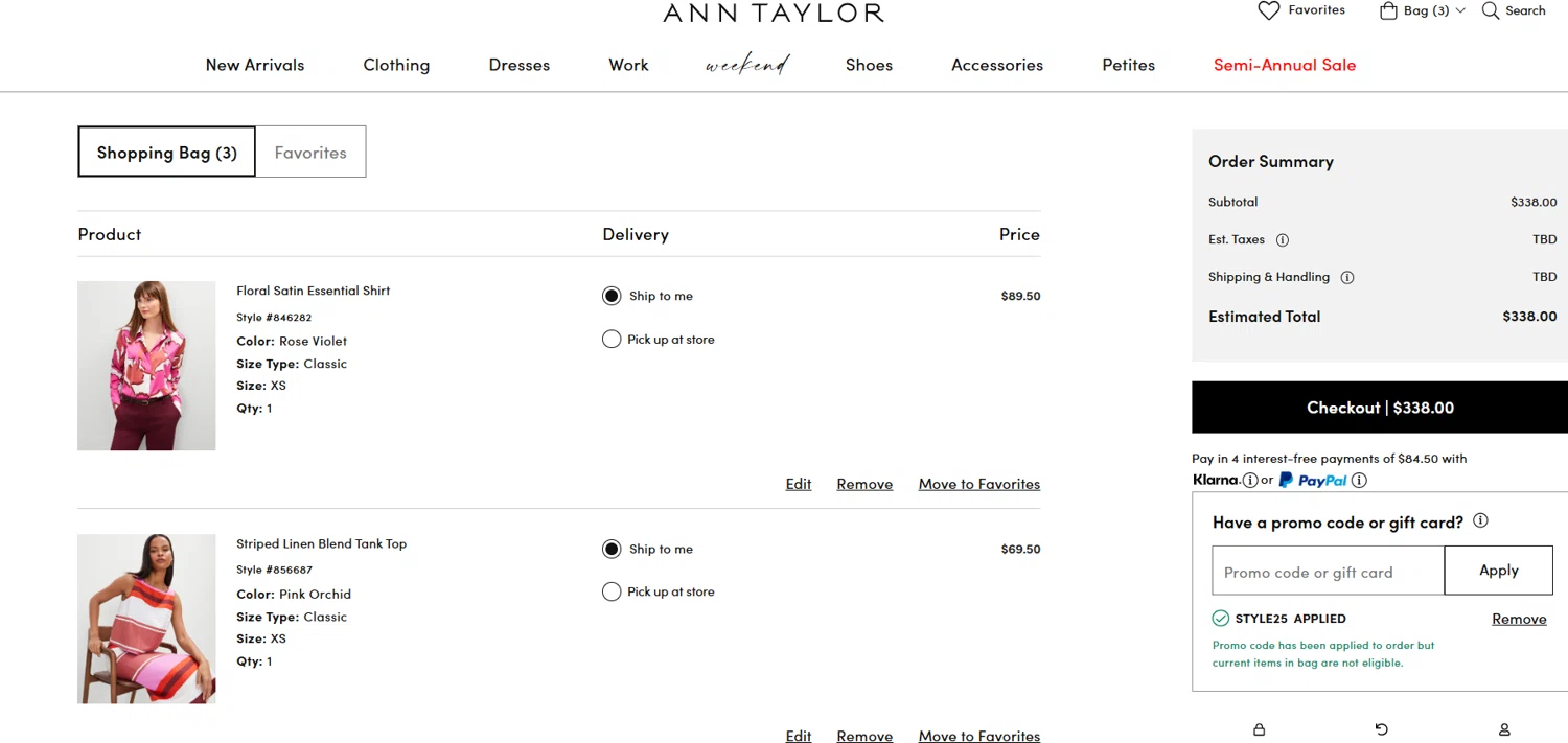 Ann Taylor promo code screenshot showing code STYLE25 applied at Ann Taylor checkout page. Uploaded by SimplyCodes community member Lisboa on Jul 9, 2025