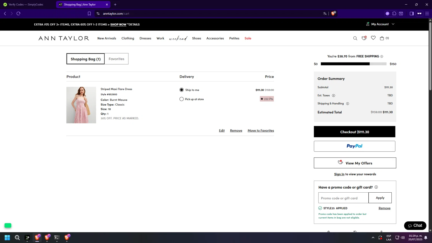 Ann Taylor promo code screenshot showing code STYLE25 applied at Ann Taylor checkout page. Uploaded by SimplyCodes community member PrimeMaverick6651 on Jul 20, 2025