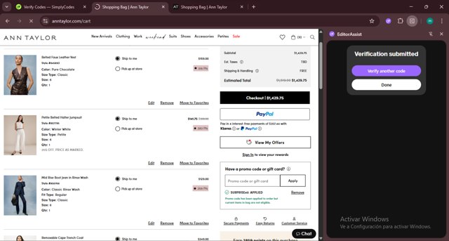 Ann Taylor checkout page showing Ann Taylor promo code box | Screenshot taken by SimplyCodes community member on Aug 22, 2025