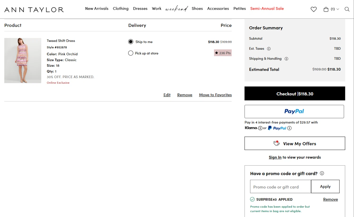 Ann Taylor promo code screenshot showing code SURPRISE40 applied at Ann Taylor checkout page. Uploaded by SimplyCodes community member FrugalKnight782 on Jul 8, 2025