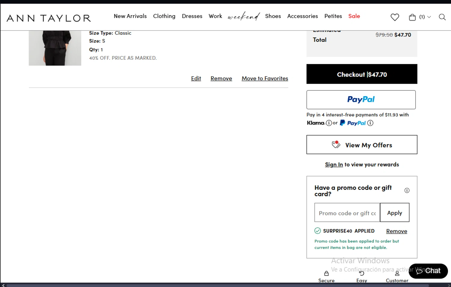 Ann Taylor promo code screenshot showing code SURPRISE40 applied at Ann Taylor checkout page. Uploaded by SimplyCodes community member Lestara_23 on Jul 18, 2025