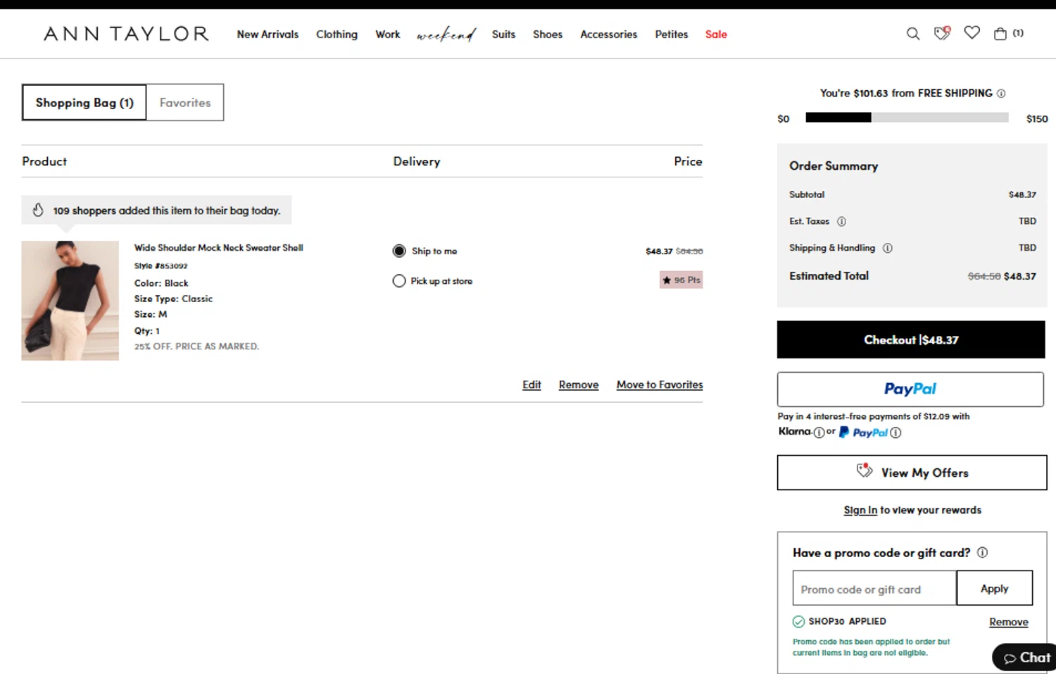 Ann Taylor promo code screenshot showing code SHOP30 applied at Ann Taylor checkout page. Uploaded by SimplyCodes community member CouponLion3243 on Jul 23, 2025