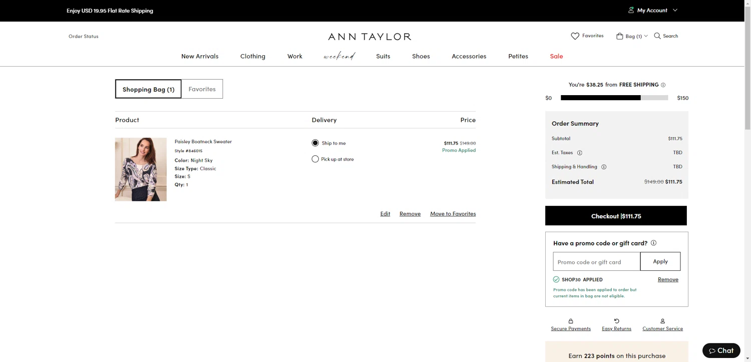 Ann Taylor promo code screenshot showing code SHOP30 applied at Ann Taylor checkout page. Uploaded by SimplyCodes community member SilverChaser3269 on Jul 23, 2025