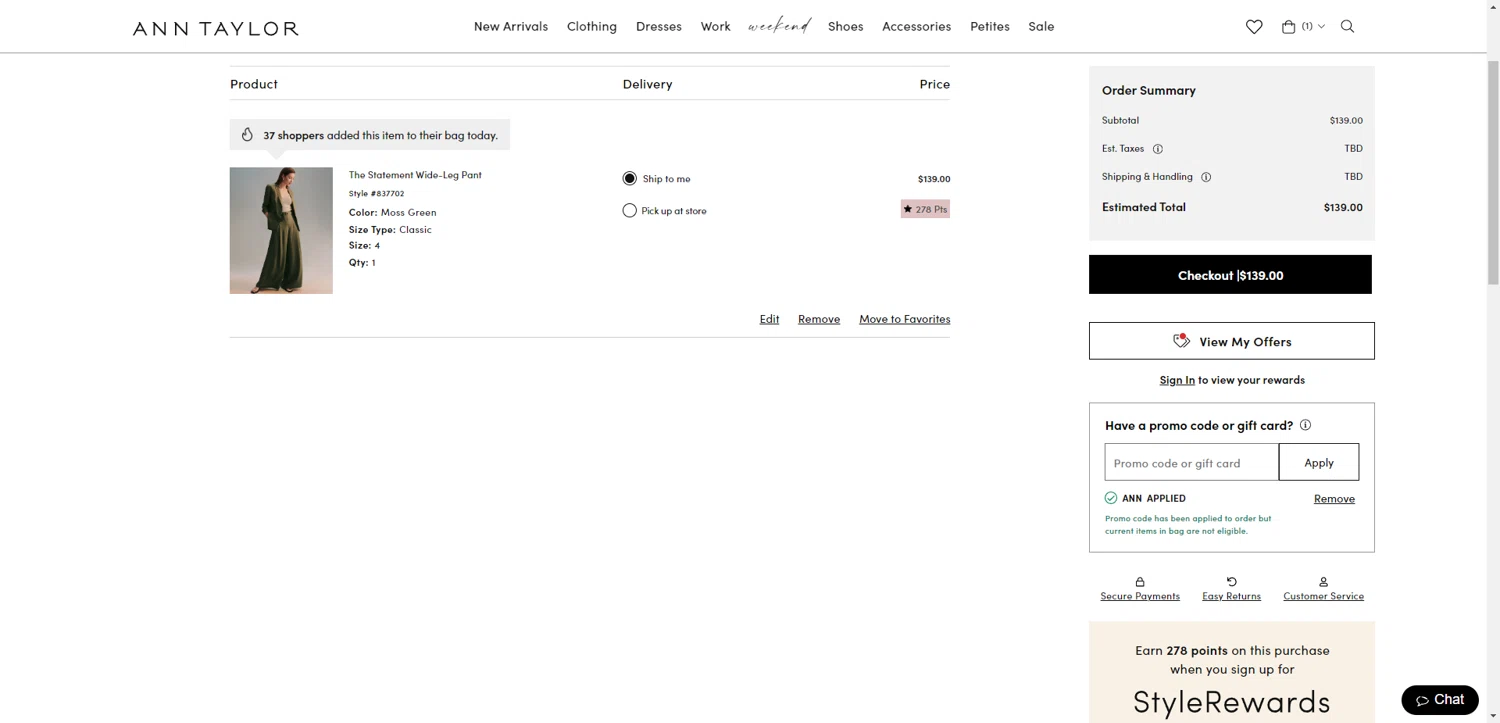 Ann Taylor promo code screenshot showing code ANN applied at Ann Taylor checkout page. Uploaded by SimplyCodes community member SilverChaser3269 on Jun 5, 2025