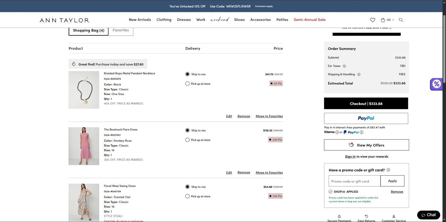 Ann Taylor promo code screenshot showing code SHOP30 applied at Ann Taylor checkout page. Uploaded by SimplyCodes community member Depressive on Jul 15, 2025