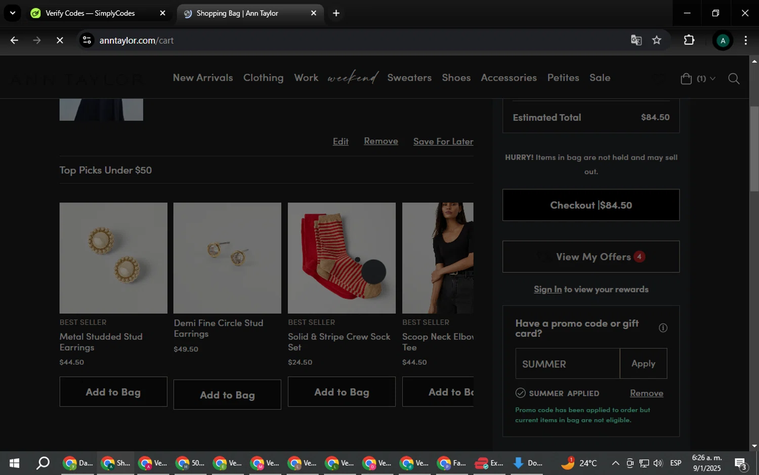 Ann Taylor Factory promo code screenshot showing code SUMMER applied at Ann Taylor Factory checkout page. Uploaded by SimplyCodes community member HAOJIN on Jan 9, 2025