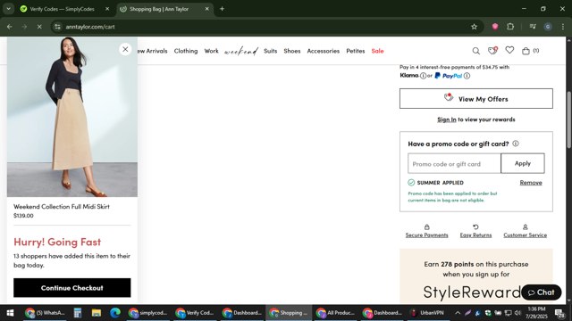 Ann Taylor Factory checkout page showing Ann Taylor Factory promo code box | Screenshot taken by SimplyCodes community member on Jul 29, 2025