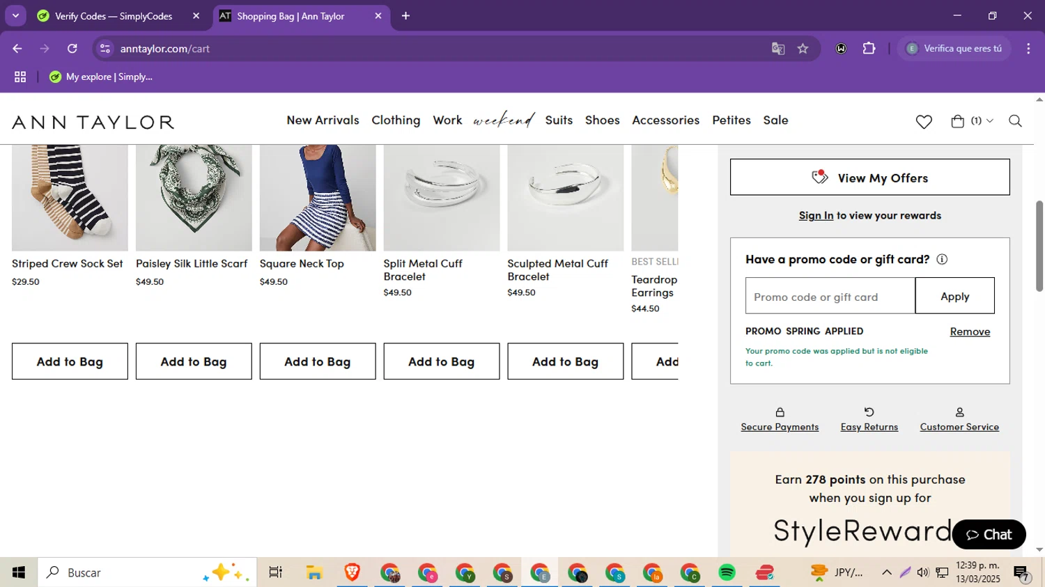Ann Taylor Factory promo code screenshot showing code SPRING applied at Ann Taylor Factory checkout page. Uploaded by SimplyCodes community member MoneySeeker8573 on Mar 13, 2025