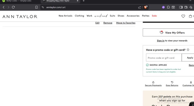 Ann Taylor Factory checkout page showing Ann Taylor Factory promo code box | Screenshot taken by SimplyCodes community member on Jul 28, 2025