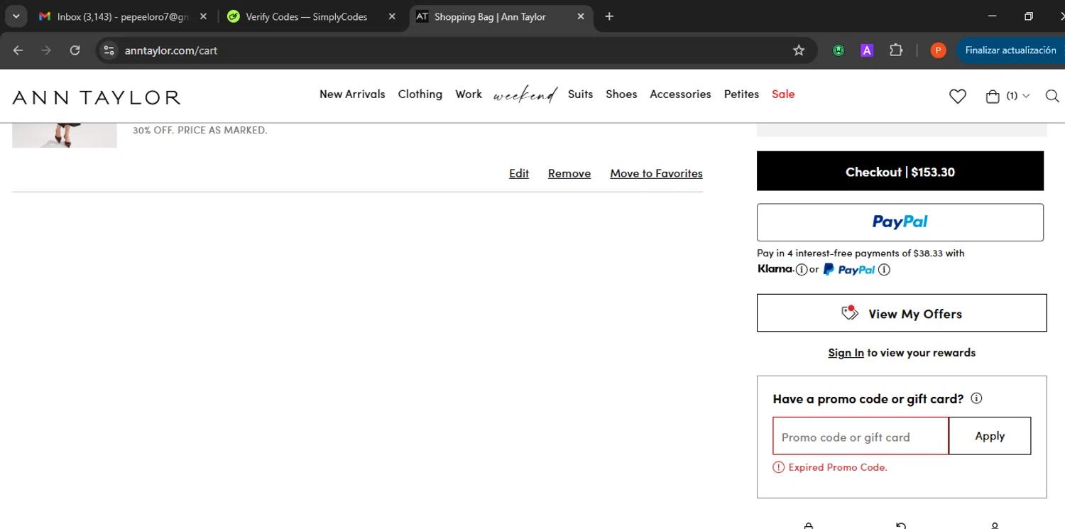 Ann Taylor Factory promo code screenshot showing code itshere applied at Ann Taylor Factory checkout page. Uploaded by SimplyCodes community member Eminem on Aug 7, 2025