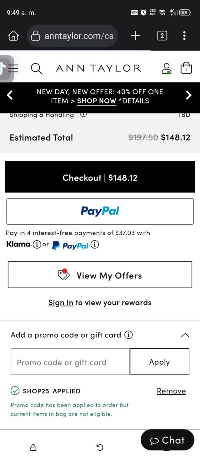Ann Taylor Factory checkout page showing Ann Taylor Factory promo code box | Screenshot taken by SimplyCodes community member on Jul 28, 2025