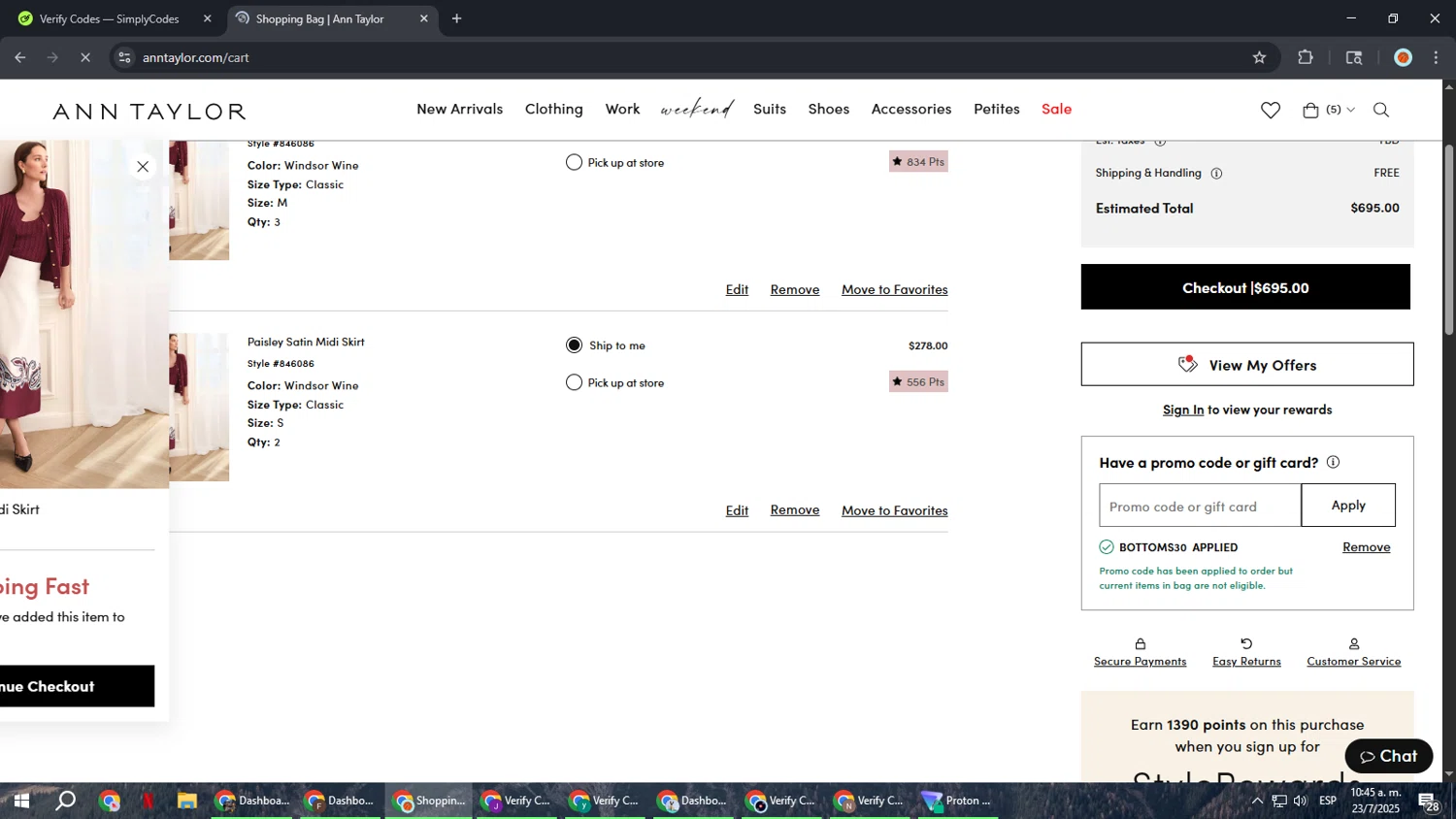 Ann Taylor Factory promo code screenshot showing code BOTTOMS30 applied at Ann Taylor Factory checkout page. Uploaded by SimplyCodes community member BonusCaptain9927 on Jul 23, 2025