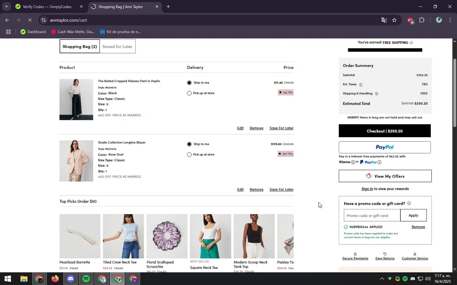 Ann Taylor Factory promo code screenshot showing code SURPRISE40 applied at Ann Taylor Factory checkout page. Uploaded by SimplyCodes community member ScanGenius949 on Apr 16, 2025