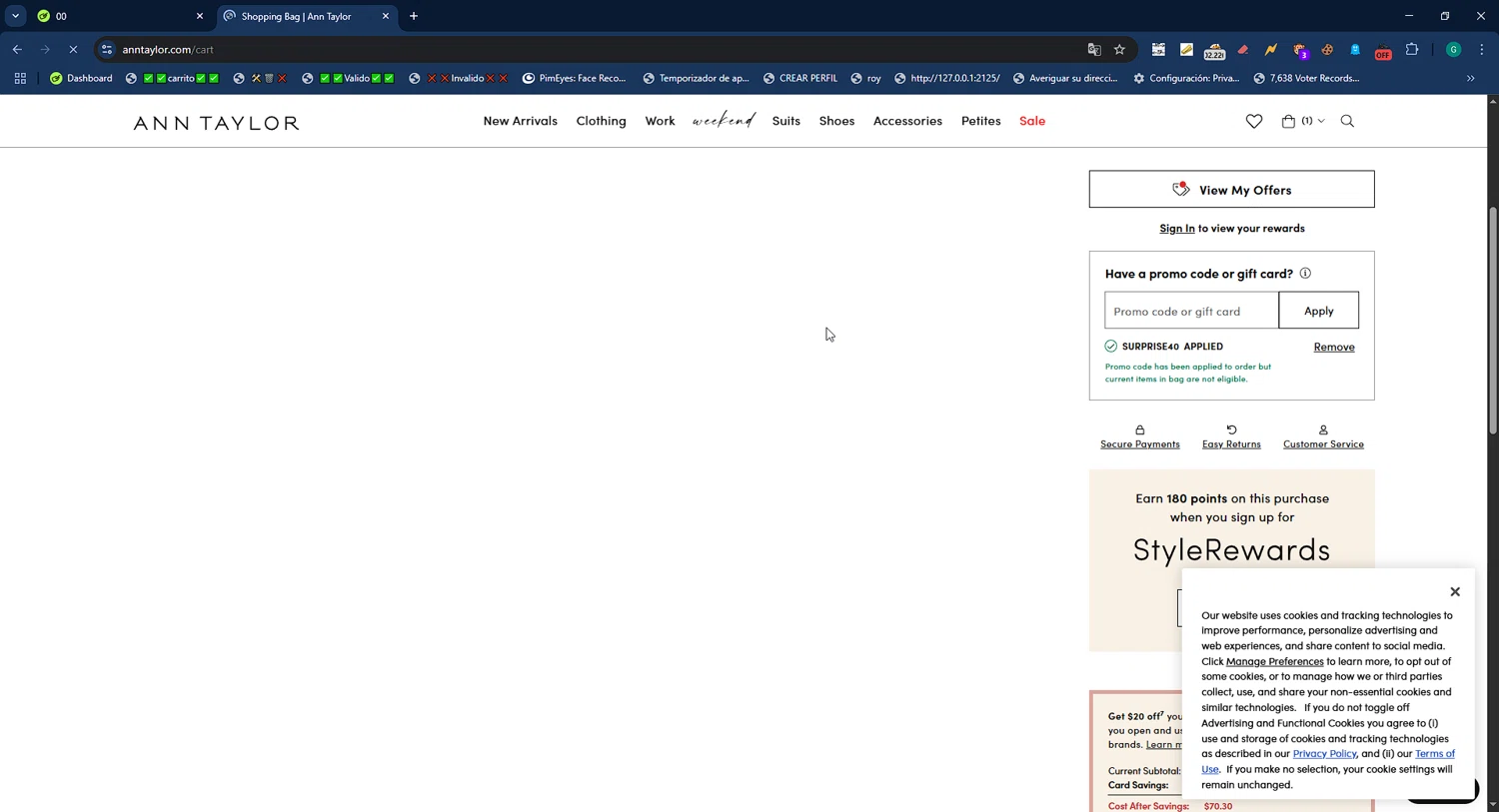 Ann Taylor Factory promo code screenshot showing code SURPRISE40 applied at Ann Taylor Factory checkout page. Uploaded by SimplyCodes community member WiseMaestro7997 on Aug 10, 2025