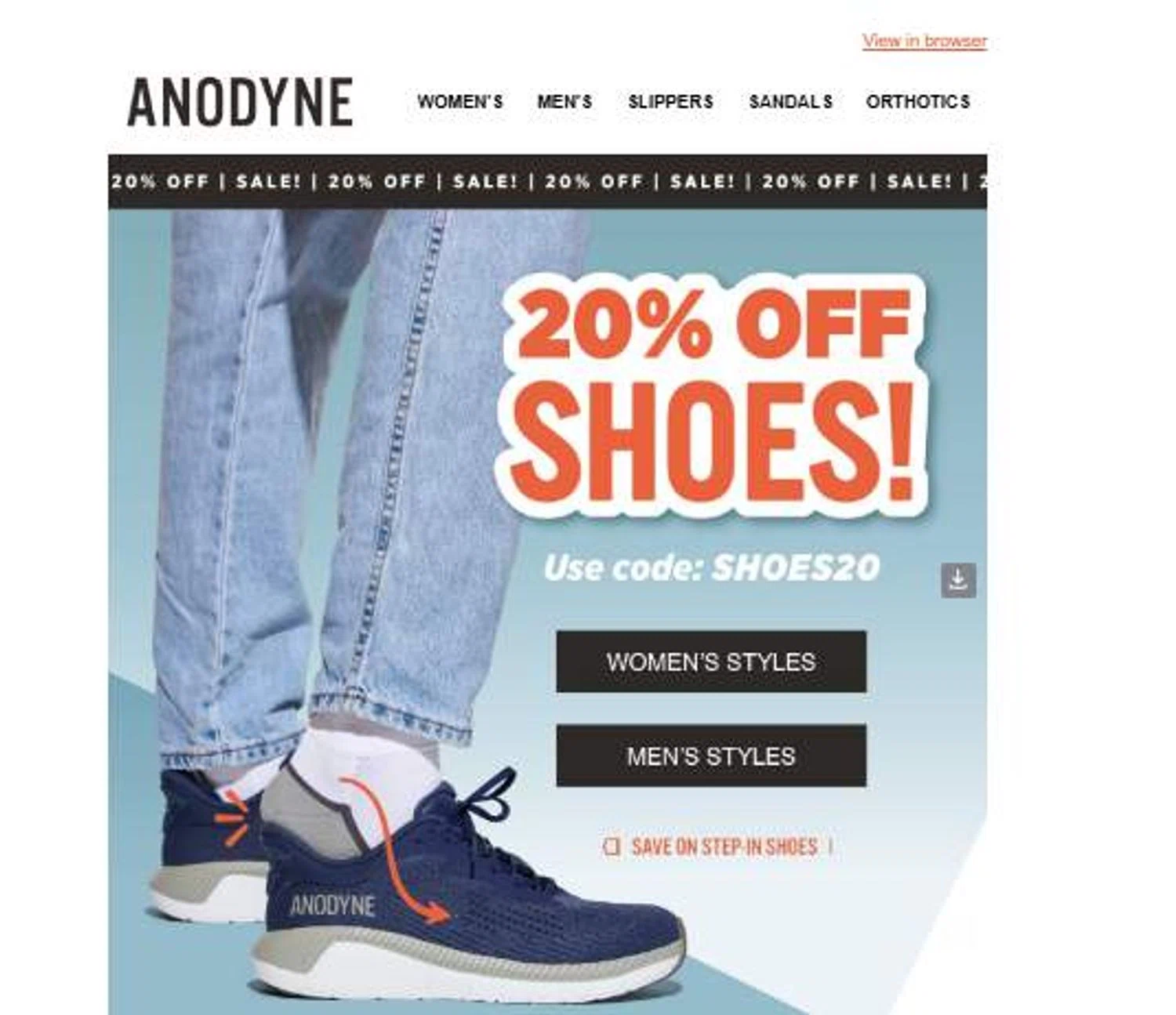 Anodyne Shoes promo code screenshot showing code shoes20 applied at Anodyne Shoes checkout page. Uploaded by SimplyCodes community member 6d796e616d656973 on Aug 20, 2025