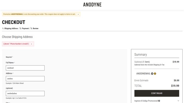Anodyne Shoes checkout page showing Anodyne Shoes promo code box | Screenshot taken by SimplyCodes community member on May 21, 2025