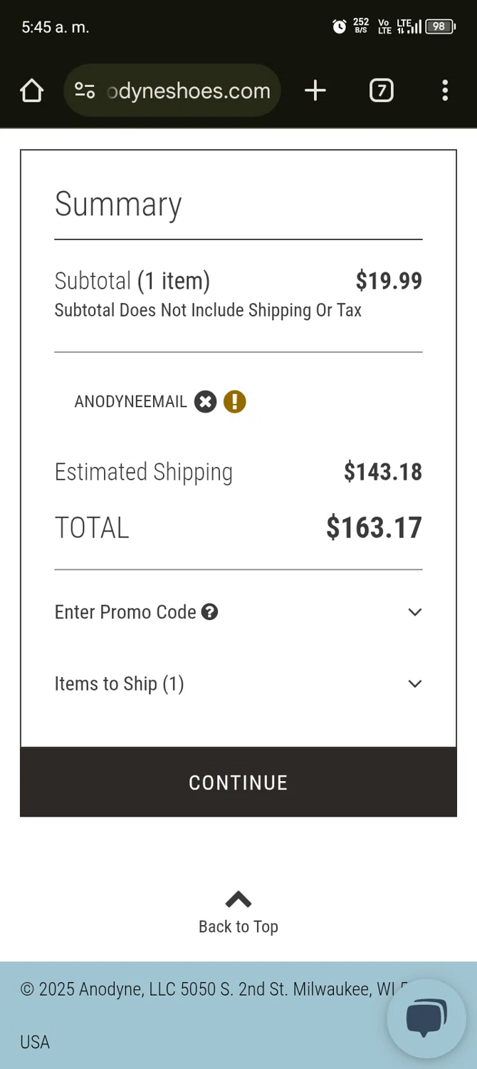 Anodyne Shoes promo code screenshot showing code ANODYNEEMAIL applied at Anodyne Shoes checkout page. Uploaded by SimplyCodes community member ScanShopper554 on Apr 10, 2025