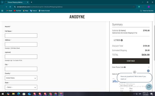 Anodyne Shoes checkout page showing Anodyne Shoes promo code box | Screenshot taken by SimplyCodes community member on Sep 13, 2025