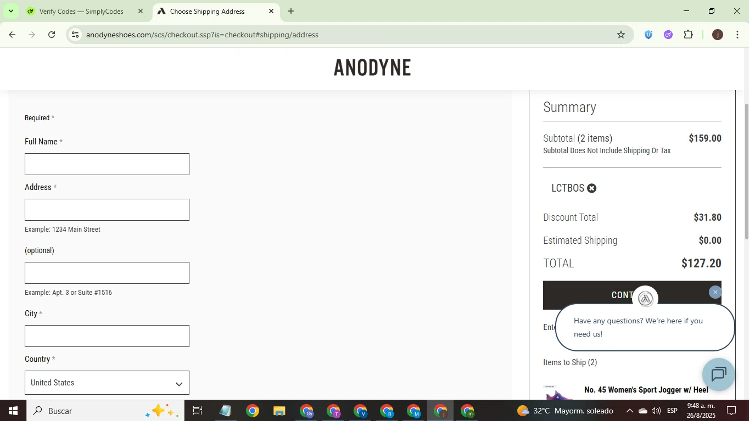 Anodyne Shoes promo code screenshot showing code LCTBOS applied at Anodyne Shoes checkout page. Uploaded by SimplyCodes community member WonderEagle9833 on Aug 26, 2025