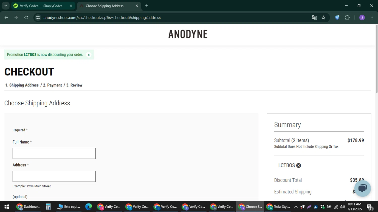 Anodyne Shoes promo code screenshot showing code LCTBOS applied at Anodyne Shoes checkout page. Uploaded by SimplyCodes community member sniderjack453 on Jul 13, 2025