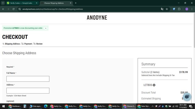 Anodyne Shoes checkout page showing Anodyne Shoes promo code box | Screenshot taken by SimplyCodes community member on Jul 13, 2025