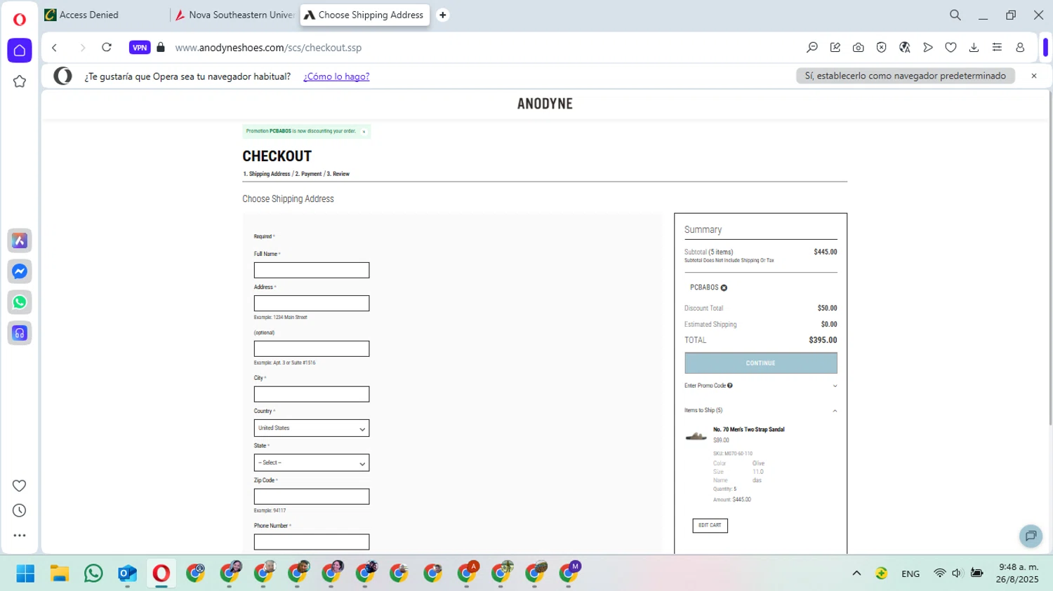 Anodyne Shoes promo code screenshot showing code PCBABOS applied at Anodyne Shoes checkout page. Uploaded by SimplyCodes community member Mari_perez on Aug 26, 2025