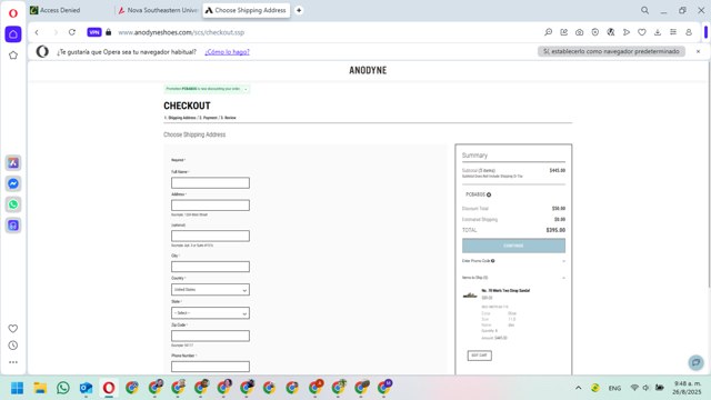 Anodyne Shoes checkout page showing Anodyne Shoes promo code box | Screenshot taken by SimplyCodes community member on Aug 26, 2025
