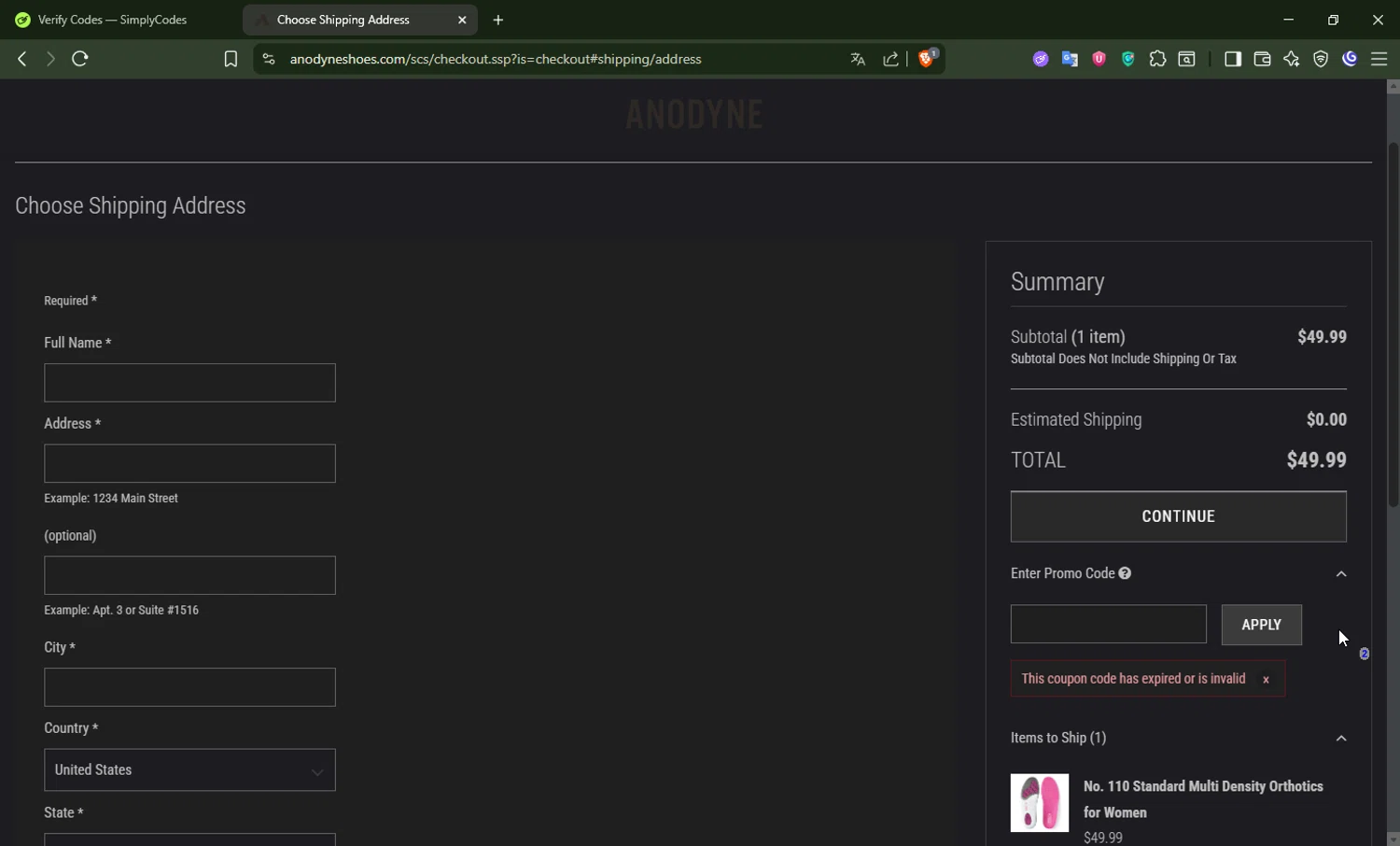 Anodyne Shoes promo code screenshot showing code sunny15 applied at Anodyne Shoes checkout page. Uploaded by SimplyCodes community member DrossRotzank on Jul 28, 2025