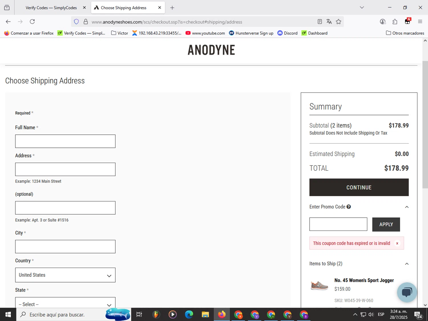 Anodyne Shoes promo code screenshot showing code sunny15 applied at Anodyne Shoes checkout page. Uploaded by SimplyCodes community member Garou_Y2K on Jul 28, 2025