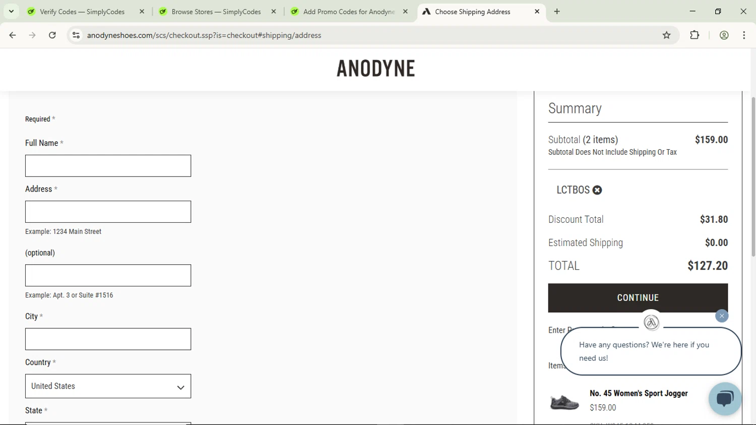 Anodyne Shoes promo code screenshot showing code LCTBOS applied at Anodyne Shoes checkout page. Uploaded by SimplyCodes community member Luisitoxd12 on Jul 13, 2025
