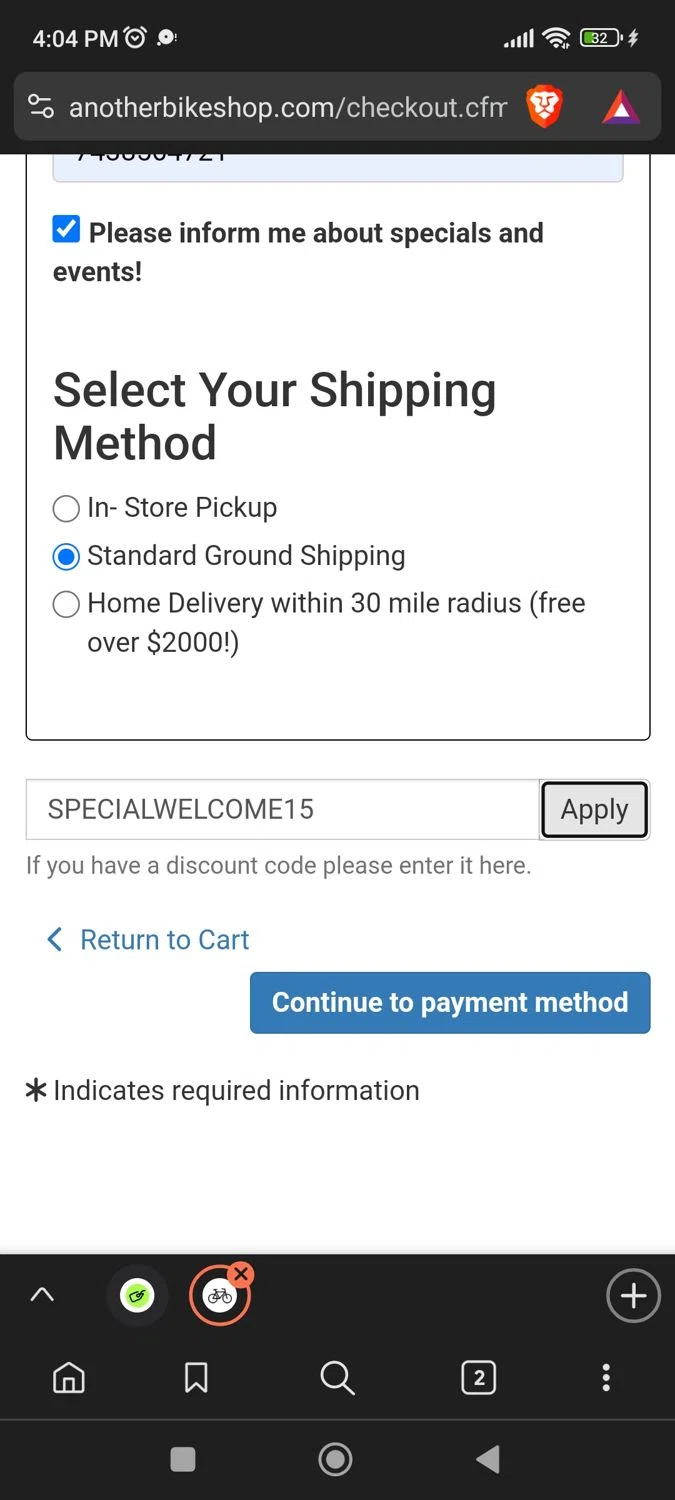 Another Bike Shop checkout page showing Another Bike Shop discount code box | Screenshot taken by SimplyCodes community member on Oct 26, 2024