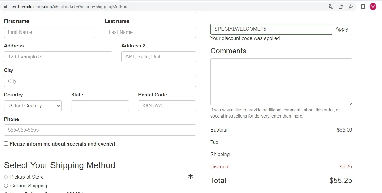 Another Bike Shop checkout page showing Another Bike Shop discount code box | Screenshot taken by SimplyCodes community member on Jul 23, 2022