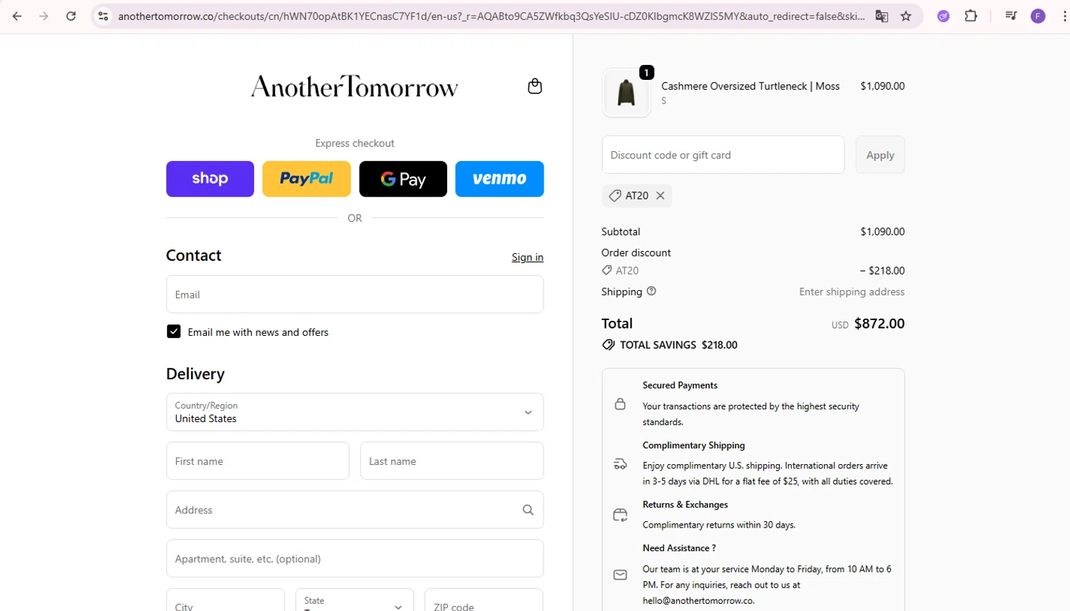 Another Tomorrow checkout page showing Another Tomorrow promo code box | Screenshot taken by SimplyCodes community member on Dec 30, 2025