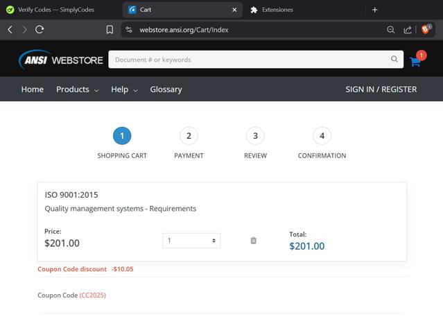 ANSI Webstore checkout page showing ANSI Webstore discount code box | Screenshot taken by SimplyCodes community member on Jul 23, 2025
