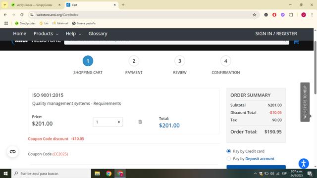ANSI Webstore checkout page showing ANSI Webstore discount code box | Screenshot taken by SimplyCodes community member on Jun 24, 2025