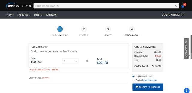 ANSI Webstore checkout page showing ANSI Webstore discount code box | Screenshot taken by SimplyCodes community member on Aug 30, 2025