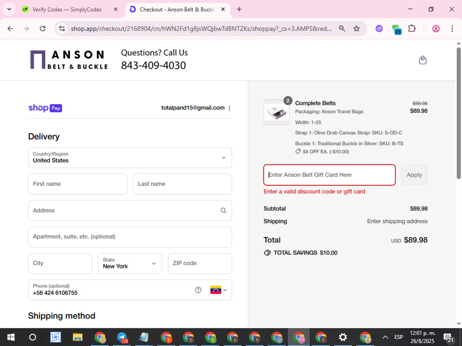 Anson Belt discount code screenshot showing code ZKKBRT5X applied at Anson Belt checkout page. Uploaded by SimplyCodes community member QuestCurator1644 on Aug 26, 2025