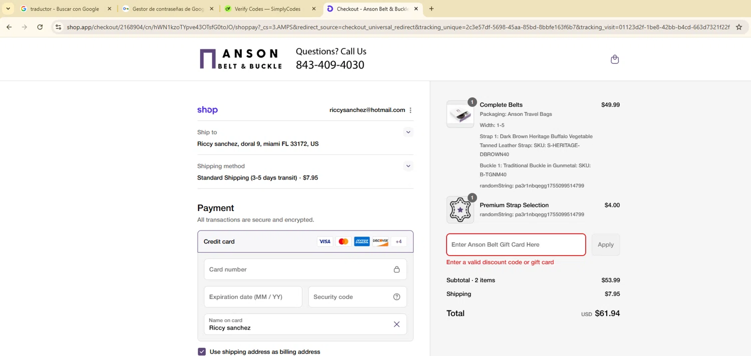 Anson Belt discount code screenshot showing code ZKKBRT5X applied at Anson Belt checkout page. Uploaded by SimplyCodes community member ShieldTitan9442 on Aug 13, 2025