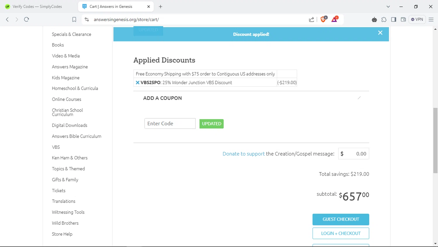 where to use Answers in Genesis promo code box